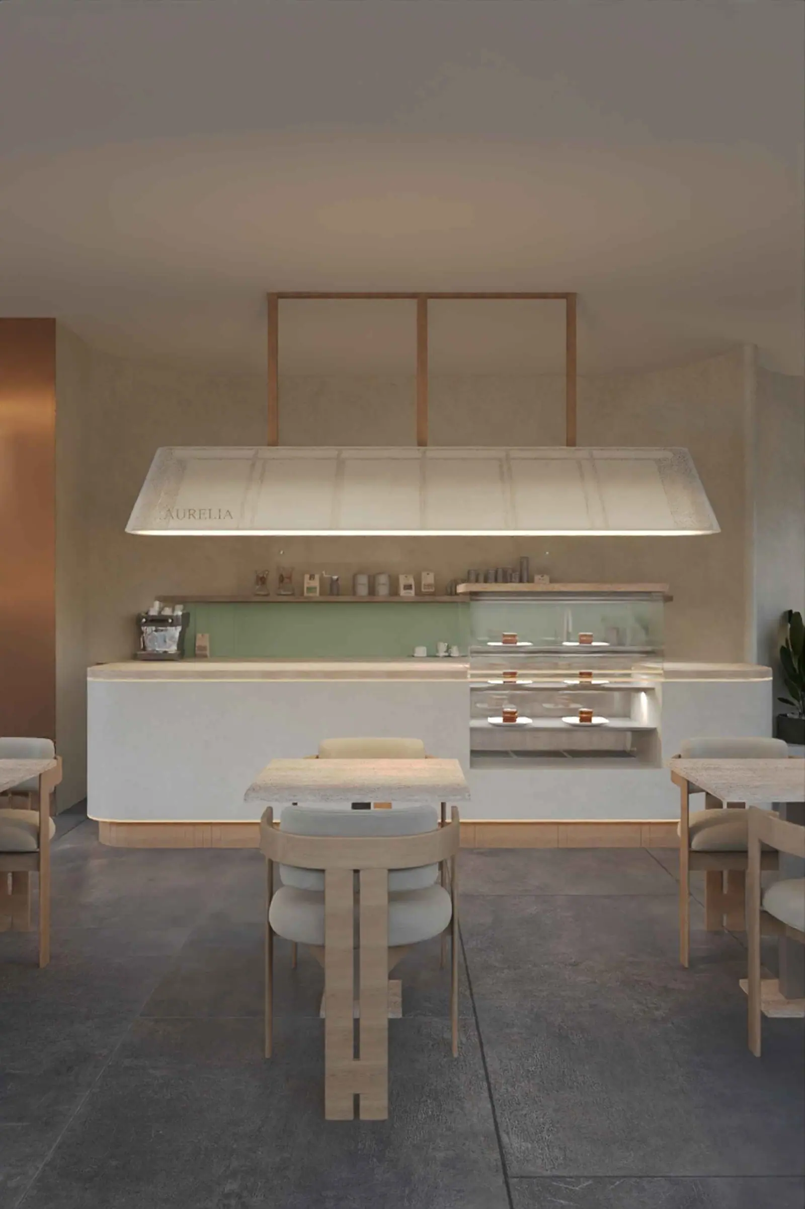 Kafe servis tezgâhı ve sarkıt aydınlatma — Aurellia Coffe, Kağıthane, İstanbul